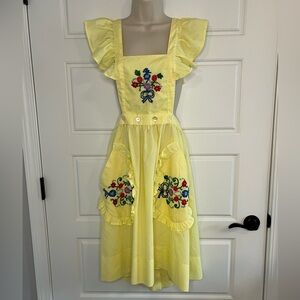 Vintage 60’s Handmade Yellow Pinafore Apron Dress Oversized Pockets Embroidery